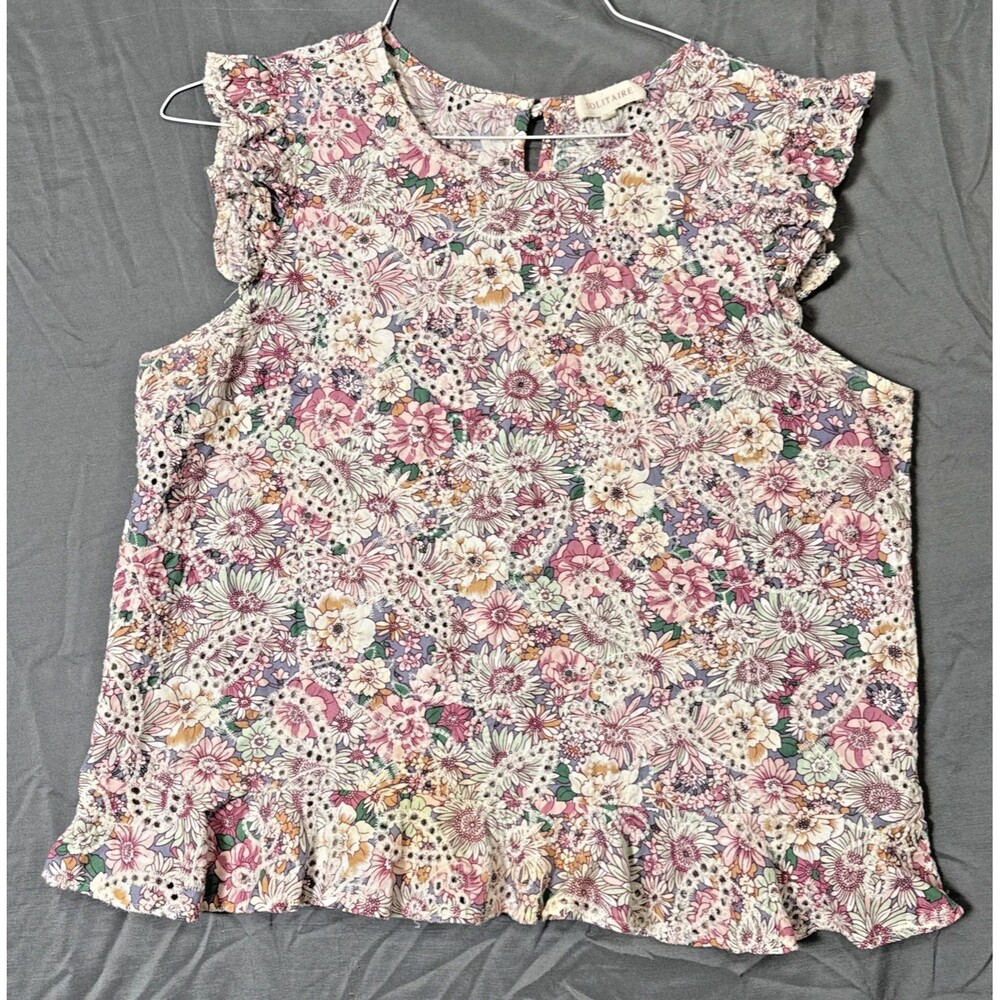 Solitaire Multicolor Embroidered Women's Top Ruffle Accents Sz L CottageCore 90s
